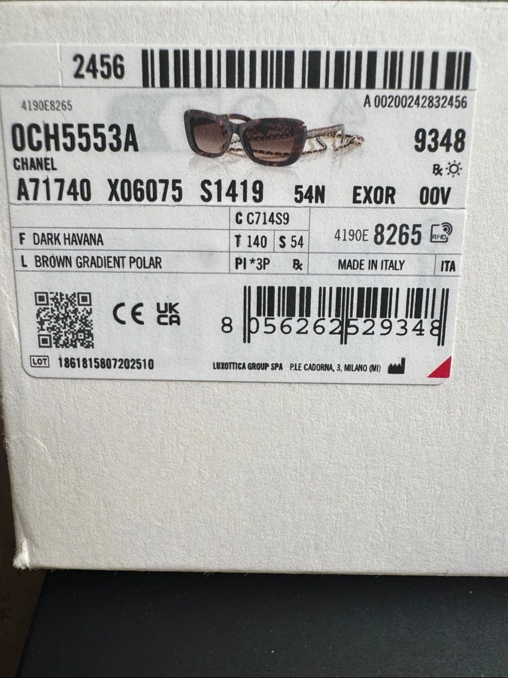 NEW CHANEL rectangle Brown Tortoise Frame Sunglasses with Gold Chain CH5553A